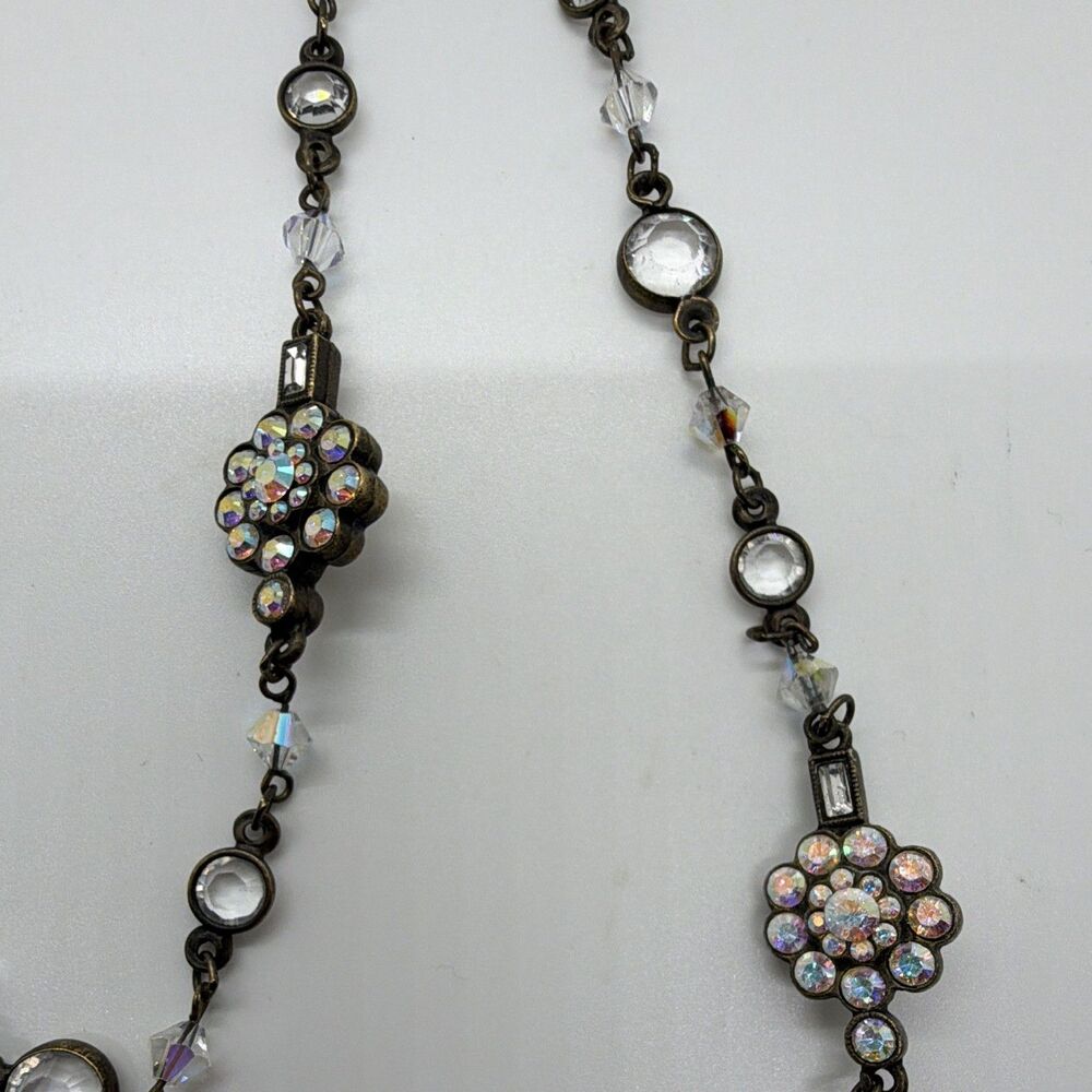 Signed Sorrelli Antiqued Brass Flower Station Necklace Clear & AB Crystals - Picture 3 of 4